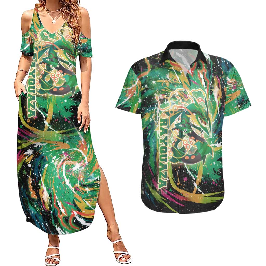 Rayquaza Poké Green Abstract Galaxy Design Couples Matching Summer Maxi Dress and Hawaiian Shirt Dynamic Swirl Background - The Mazicc