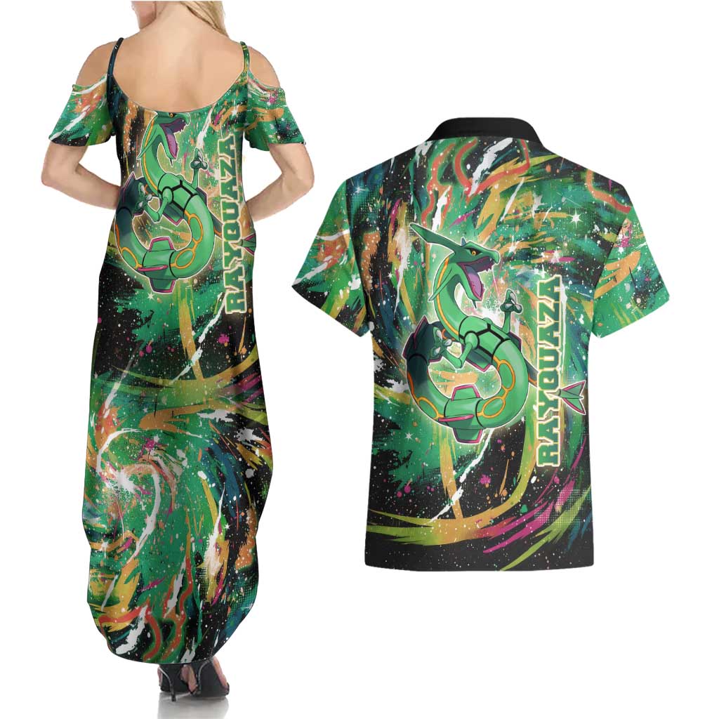 Rayquaza Poké Green Abstract Galaxy Design Couples Matching Summer Maxi Dress and Hawaiian Shirt Dynamic Swirl Background - The Mazicc