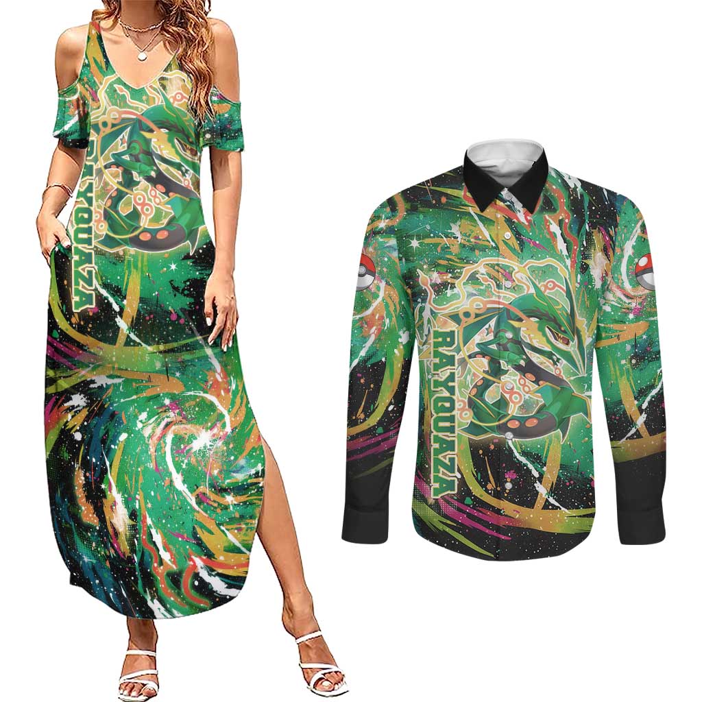 Rayquaza Poké Green Abstract Galaxy Design Couples Matching Summer Maxi Dress and Long Sleeve Button Shirt Dynamic Swirl Background - The Mazicc
