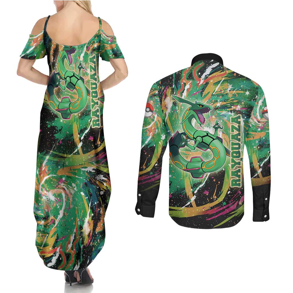 Rayquaza Poké Green Abstract Galaxy Design Couples Matching Summer Maxi Dress and Long Sleeve Button Shirt Dynamic Swirl Background - The Mazicc