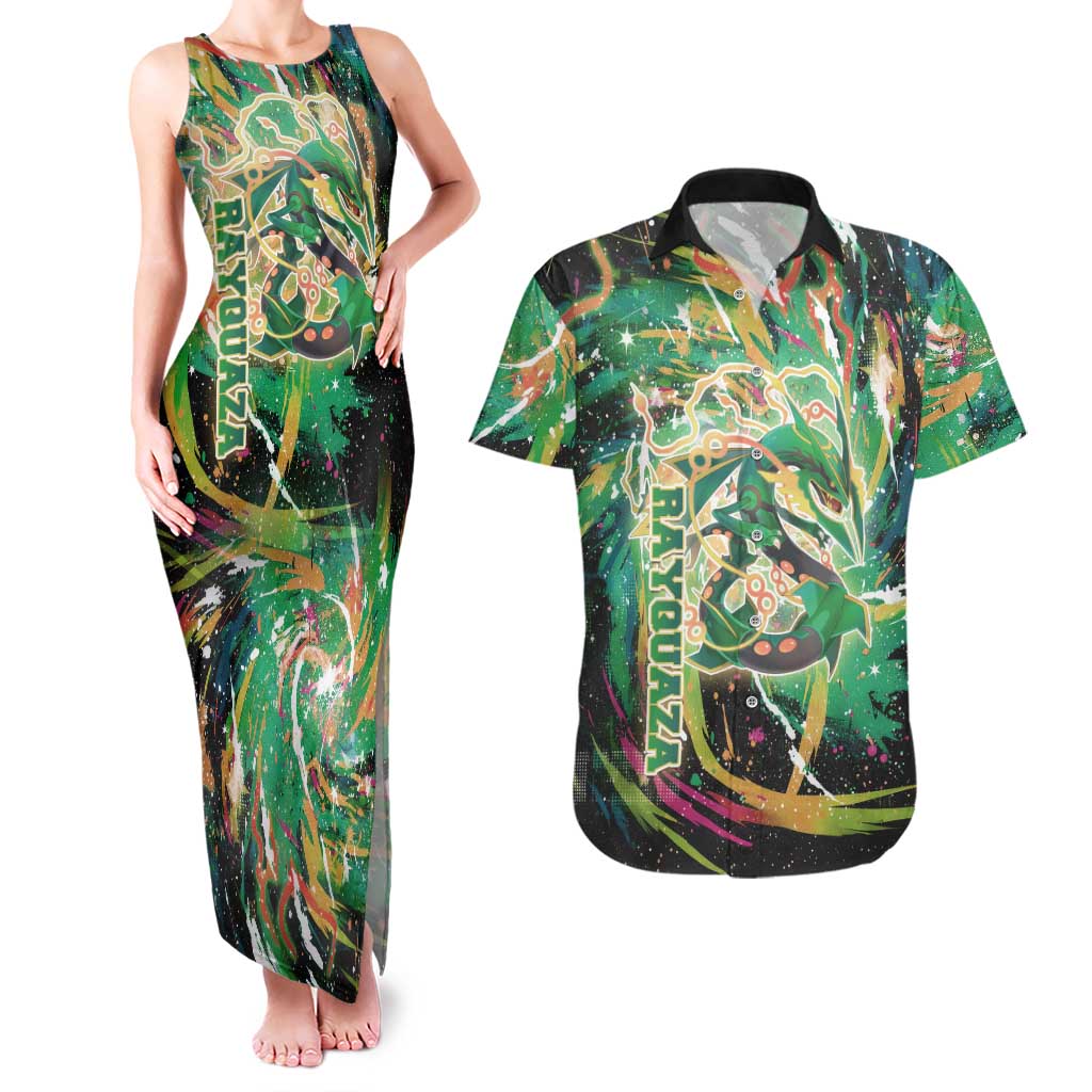 Rayquaza Poké Green Abstract Galaxy Design Couples Matching Tank Maxi Dress and Hawaiian Shirt Dynamic Swirl Background - The Mazicc