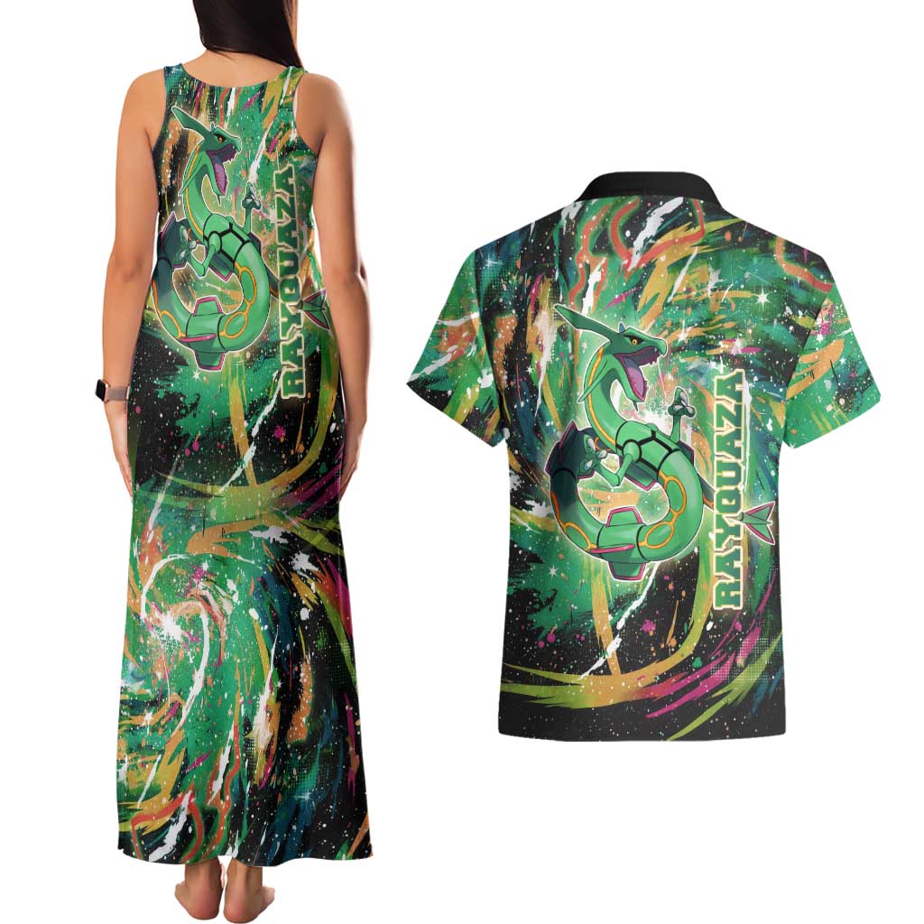 Rayquaza Poké Green Abstract Galaxy Design Couples Matching Tank Maxi Dress and Hawaiian Shirt Dynamic Swirl Background - The Mazicc