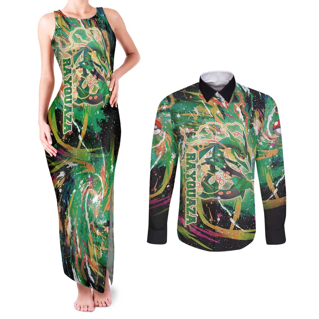 Rayquaza Poké Green Abstract Galaxy Design Couples Matching Tank Maxi Dress and Long Sleeve Button Shirt Dynamic Swirl Background - The Mazicc