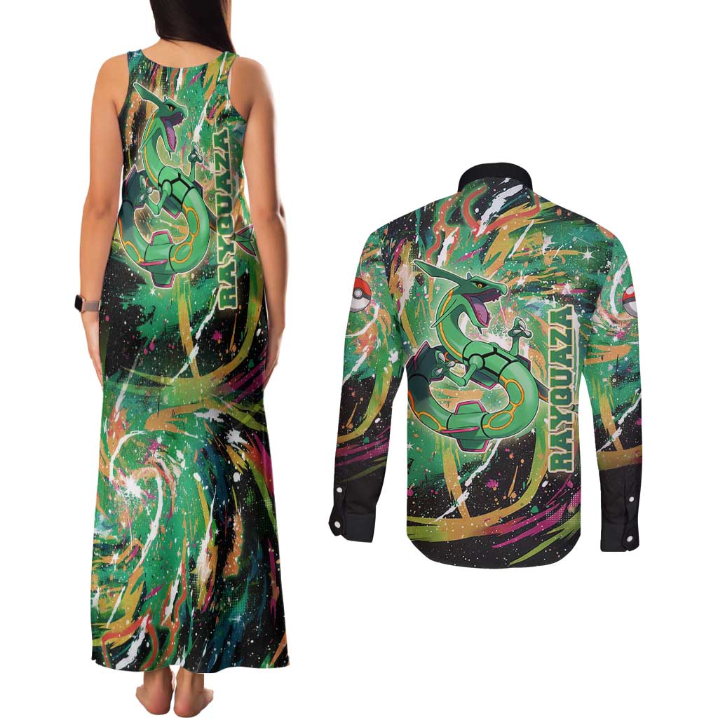 Rayquaza Poké Green Abstract Galaxy Design Couples Matching Tank Maxi Dress and Long Sleeve Button Shirt Dynamic Swirl Background - The Mazicc