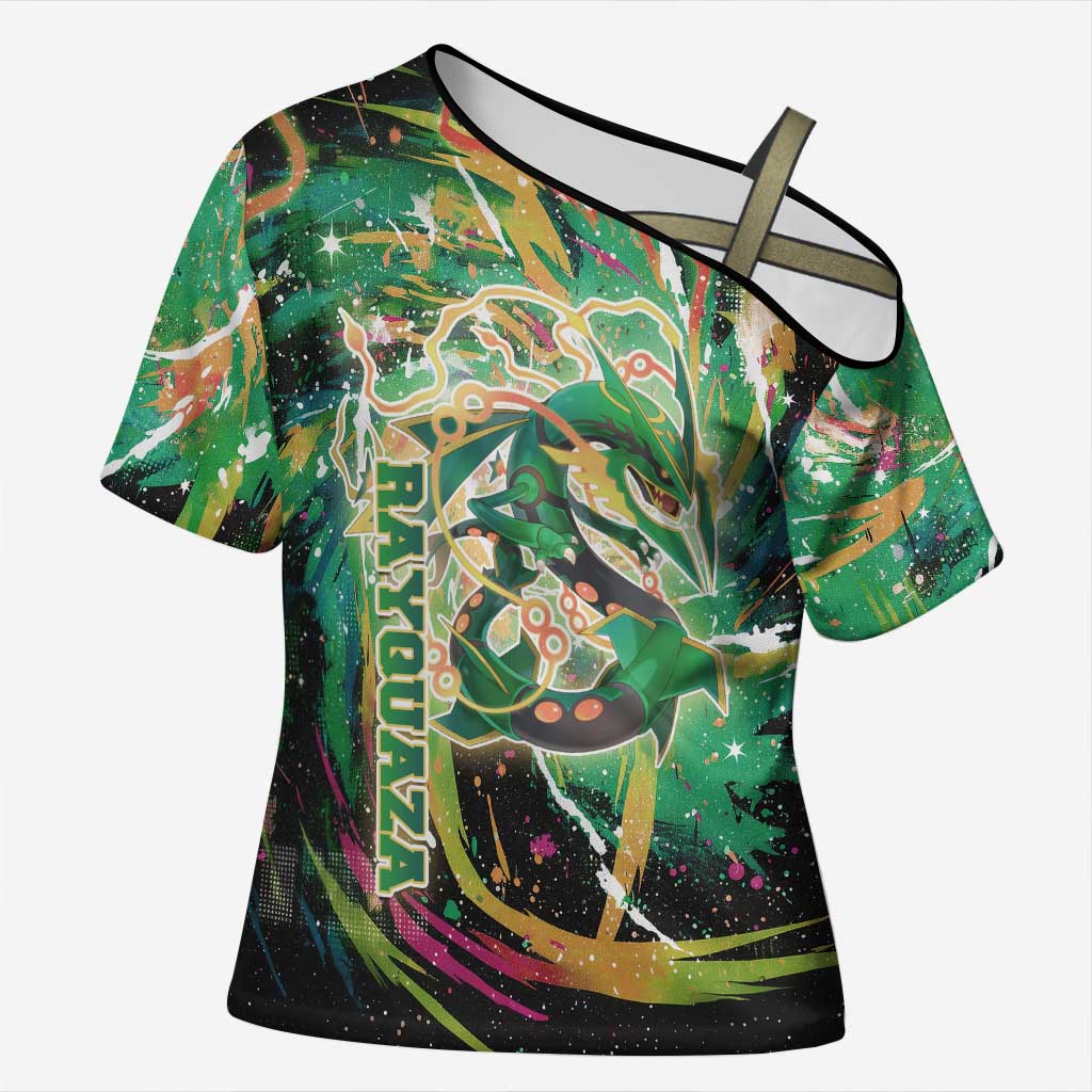 Rayquaza Poké Green Abstract Galaxy Design Cross Shoulder Shirt Dynamic Swirl Background - The Mazicc