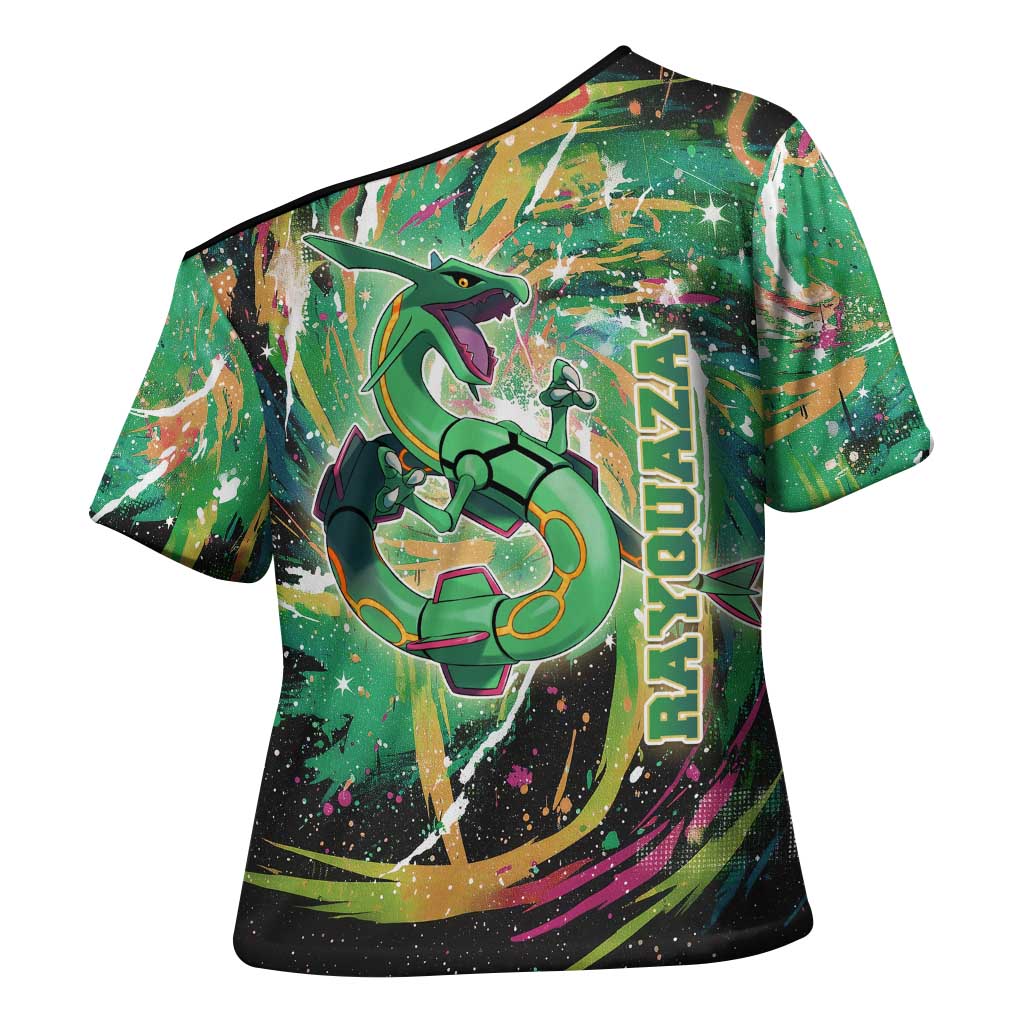 Rayquaza Poké Green Abstract Galaxy Design Cross Shoulder Shirt Dynamic Swirl Background - The Mazicc