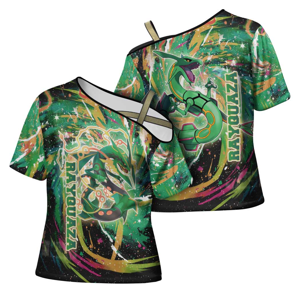 Rayquaza Poké Green Abstract Galaxy Design Cross Shoulder Shirt Dynamic Swirl Background - The Mazicc