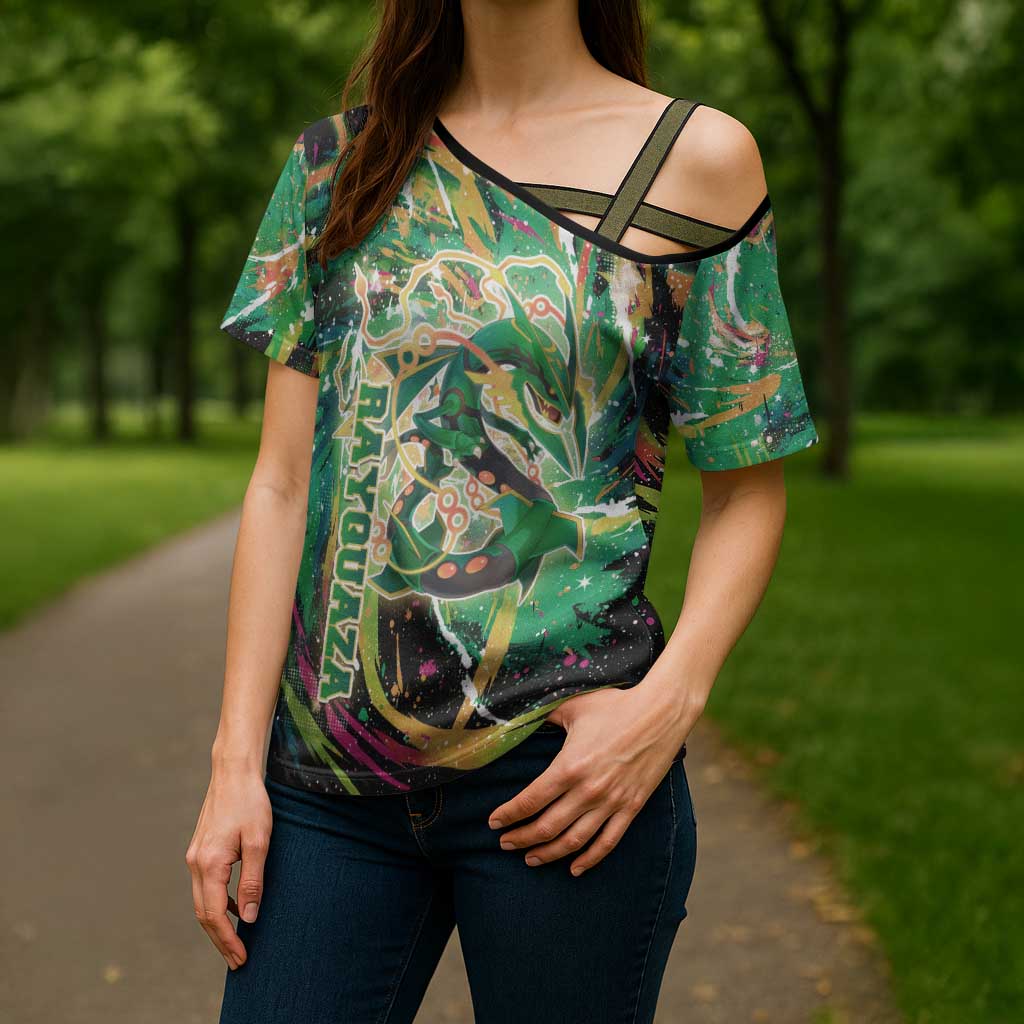 Rayquaza Poké Green Abstract Galaxy Design Cross Shoulder Shirt Dynamic Swirl Background - The Mazicc