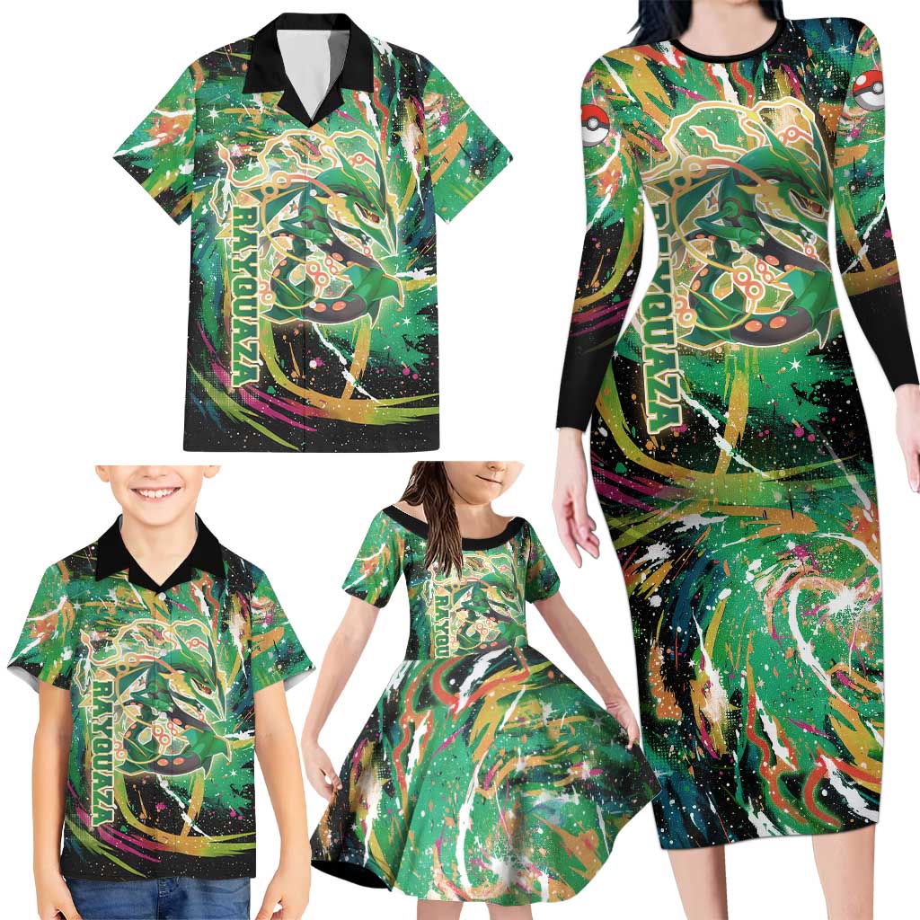 Rayquaza Poké Green Abstract Galaxy Design Family Matching Long Sleeve Bodycon Dress and Hawaiian Shirt Dynamic Swirl Background