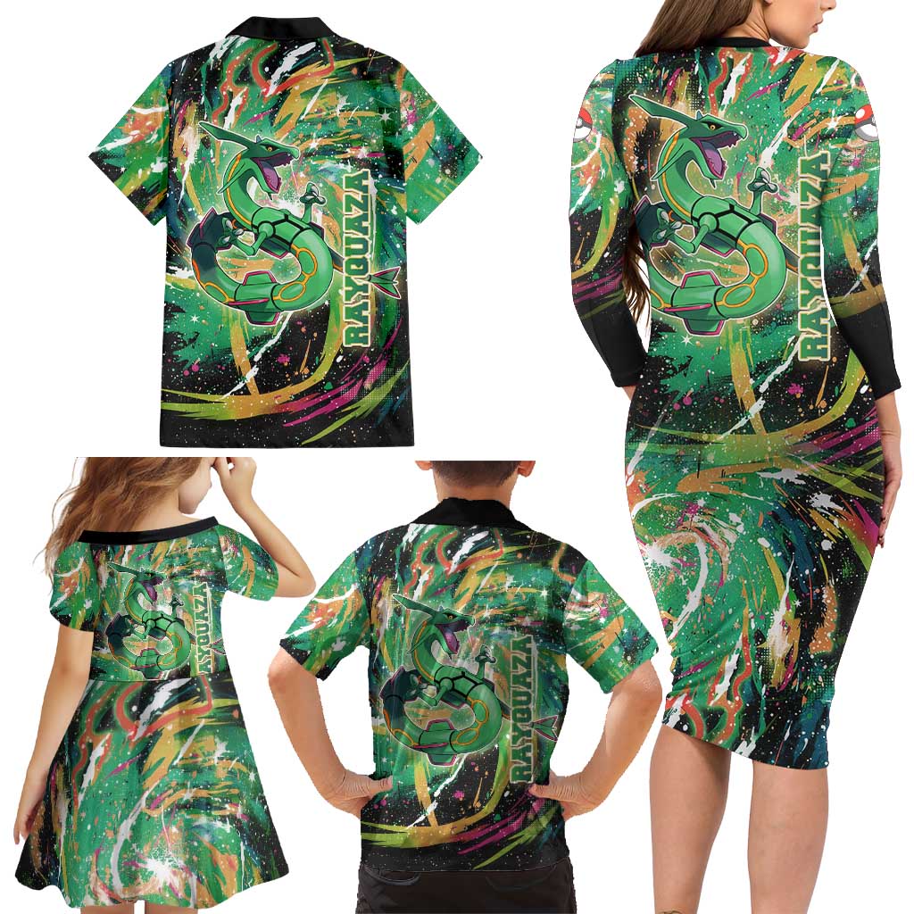 Rayquaza Poké Green Abstract Galaxy Design Family Matching Long Sleeve Bodycon Dress and Hawaiian Shirt Dynamic Swirl Background