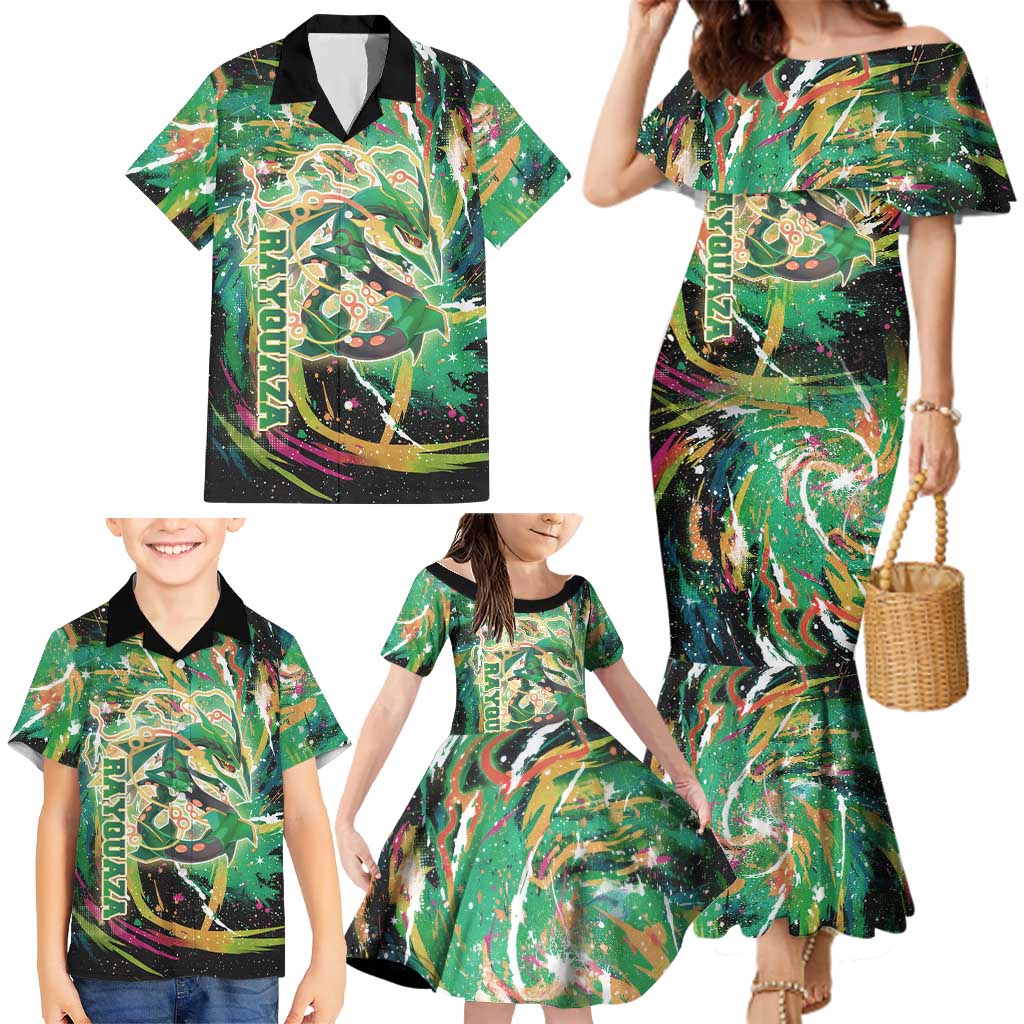 Rayquaza Poké Green Abstract Galaxy Design Family Matching Mermaid Dress and Hawaiian Shirt Dynamic Swirl Background
