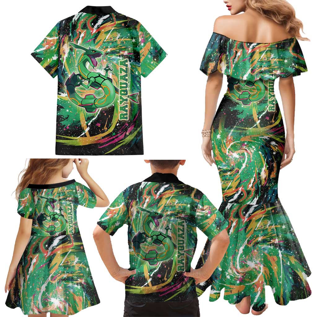 Rayquaza Poké Green Abstract Galaxy Design Family Matching Mermaid Dress and Hawaiian Shirt Dynamic Swirl Background