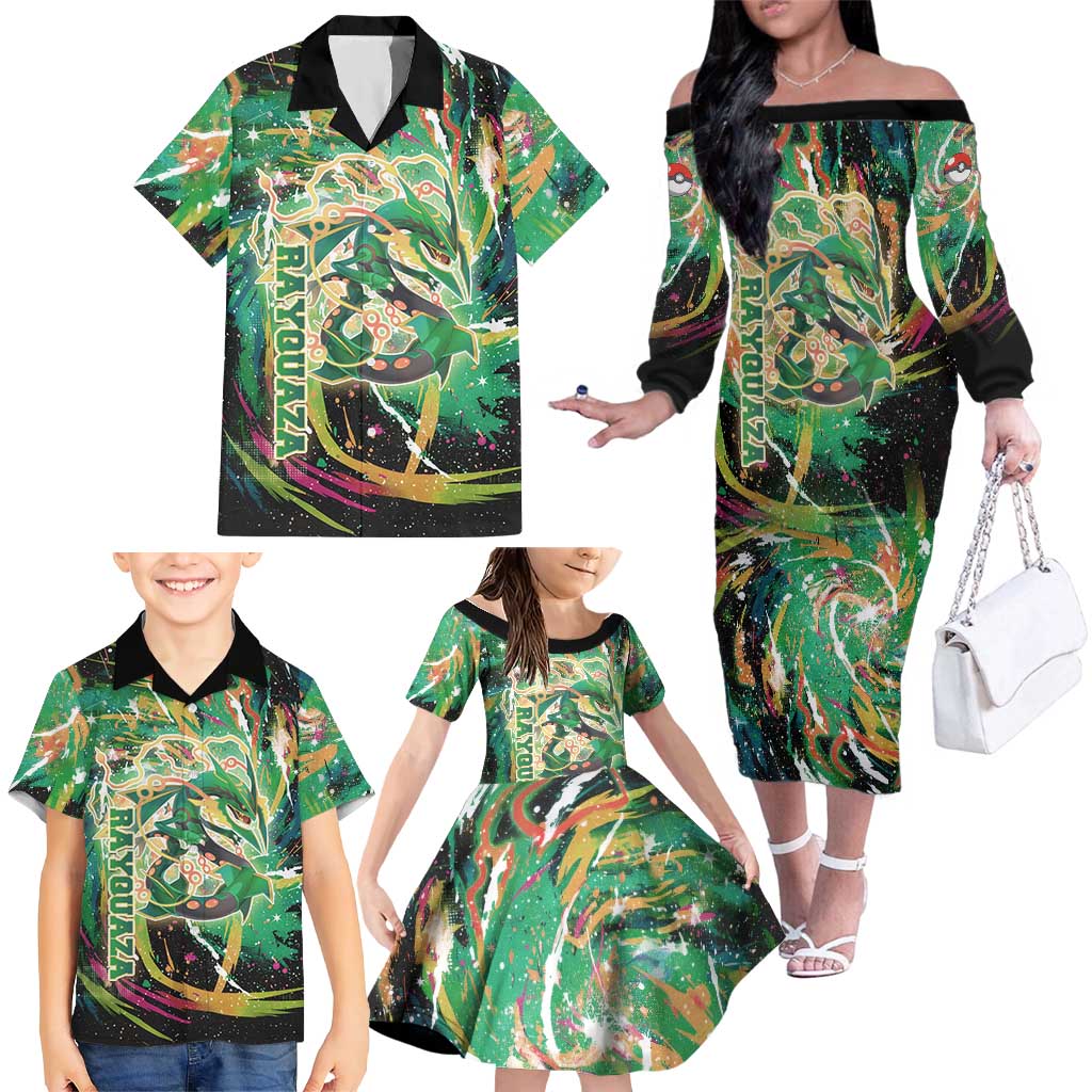 Rayquaza Poké Green Abstract Galaxy Design Family Matching Off The Shoulder Long Sleeve Dress and Hawaiian Shirt Dynamic Swirl Background