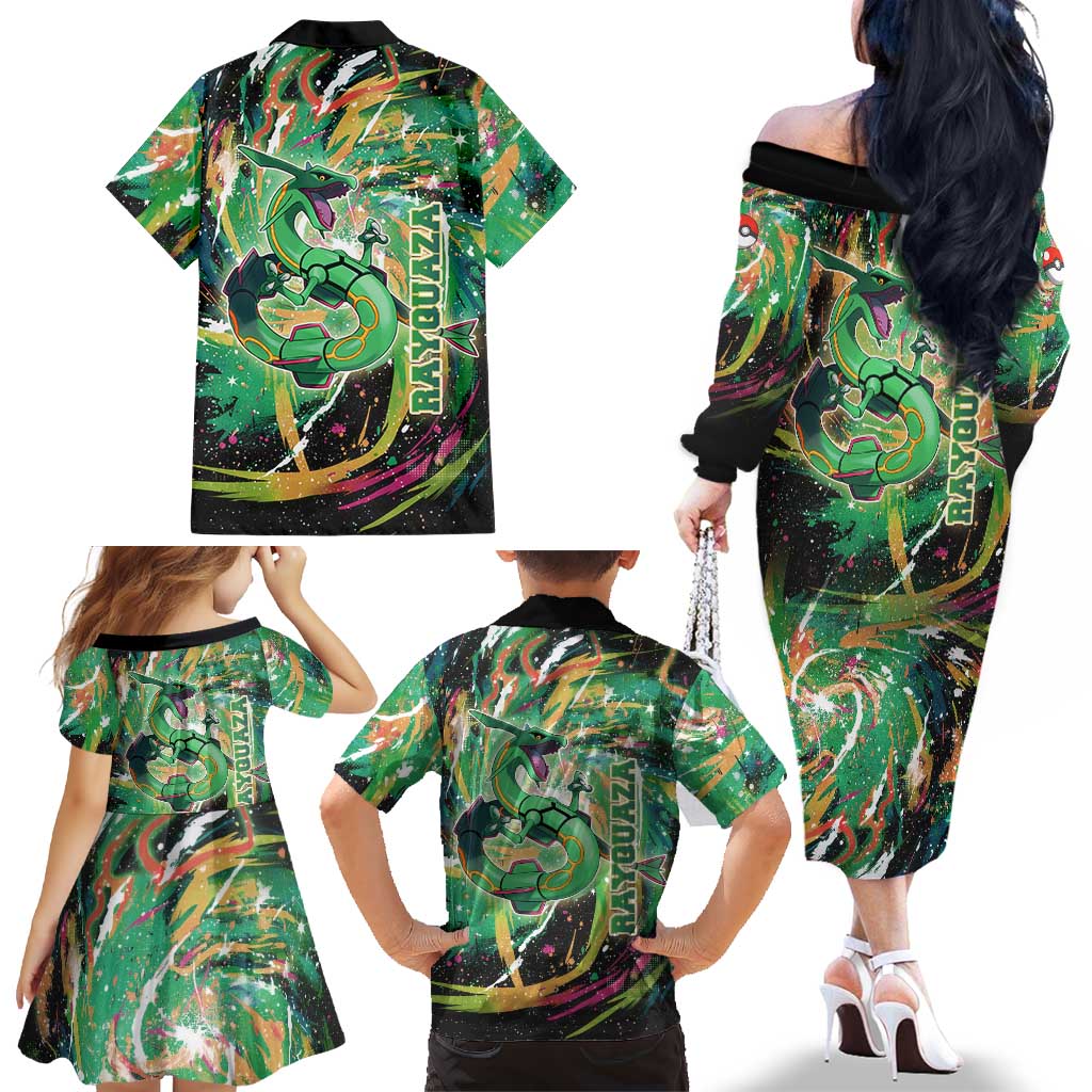 Rayquaza Poké Green Abstract Galaxy Design Family Matching Off The Shoulder Long Sleeve Dress and Hawaiian Shirt Dynamic Swirl Background