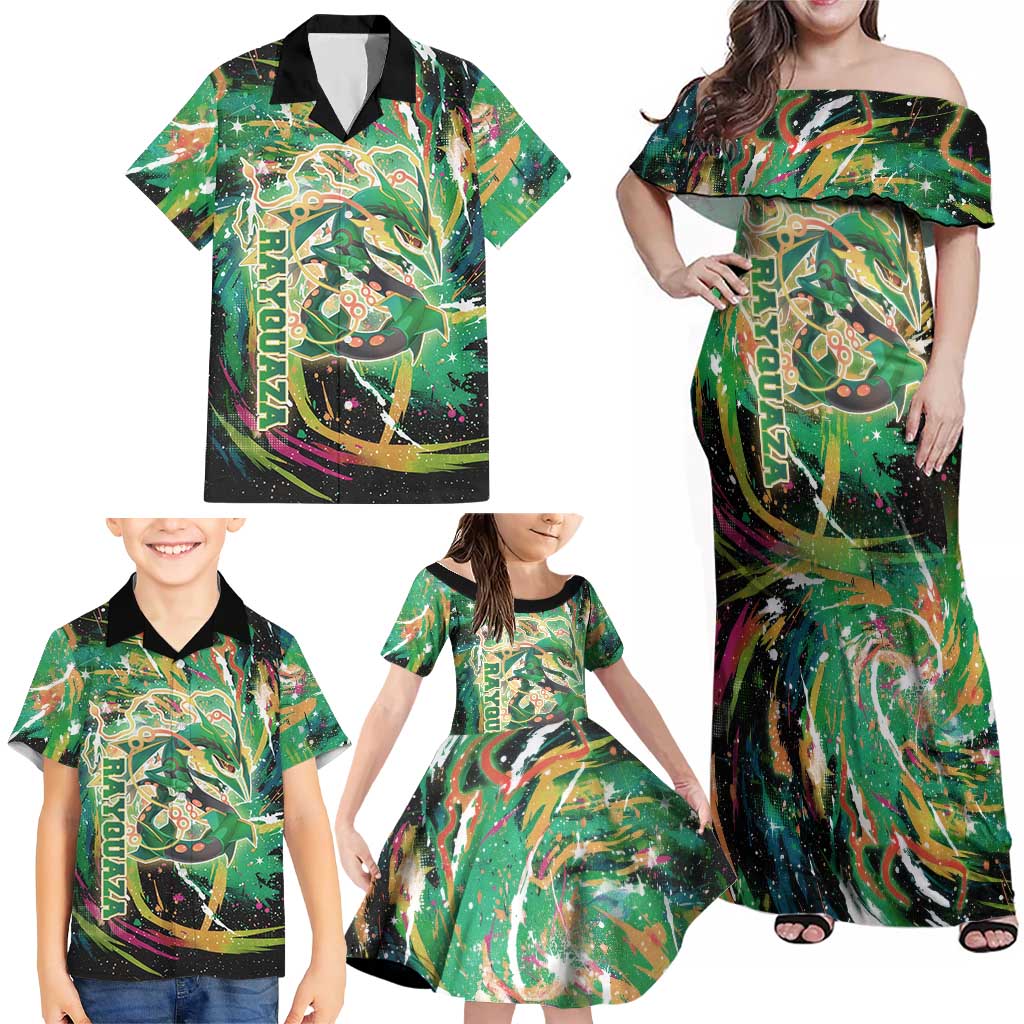 Rayquaza Poké Green Abstract Galaxy Design Family Matching Off Shoulder Maxi Dress and Hawaiian Shirt Dynamic Swirl Background