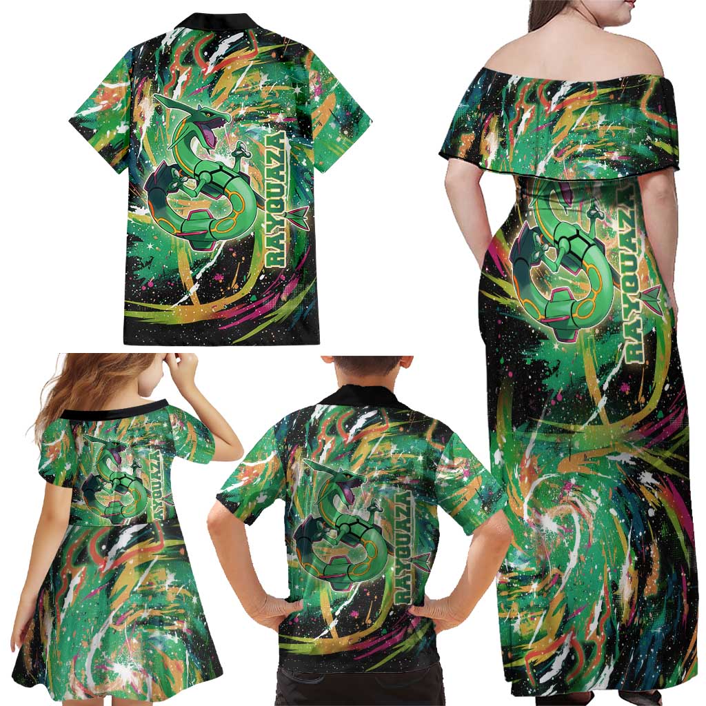 Rayquaza Poké Green Abstract Galaxy Design Family Matching Off Shoulder Maxi Dress and Hawaiian Shirt Dynamic Swirl Background