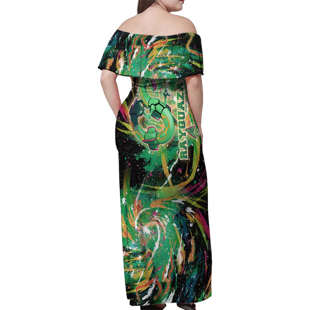 Rayquaza Poké Green Abstract Galaxy Design Family Matching Off Shoulder Maxi Dress and Hawaiian Shirt Dynamic Swirl Background