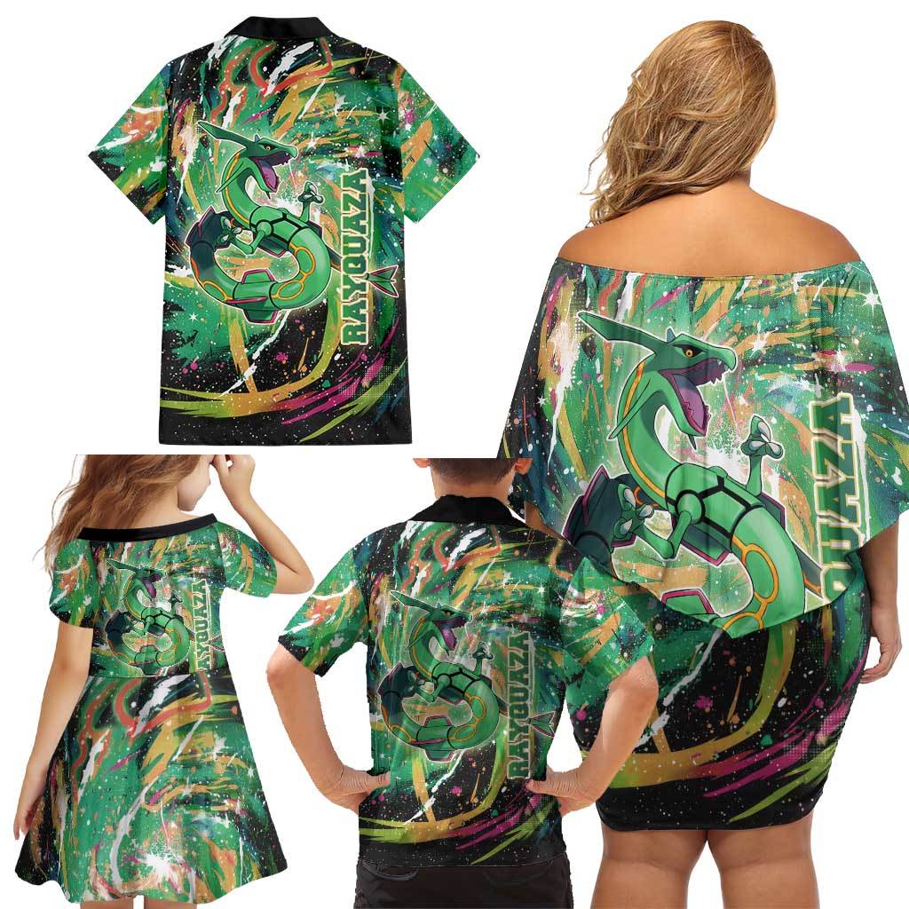 Rayquaza Poké Green Abstract Galaxy Design Family Matching Off Shoulder Short Dress and Hawaiian Shirt Dynamic Swirl Background