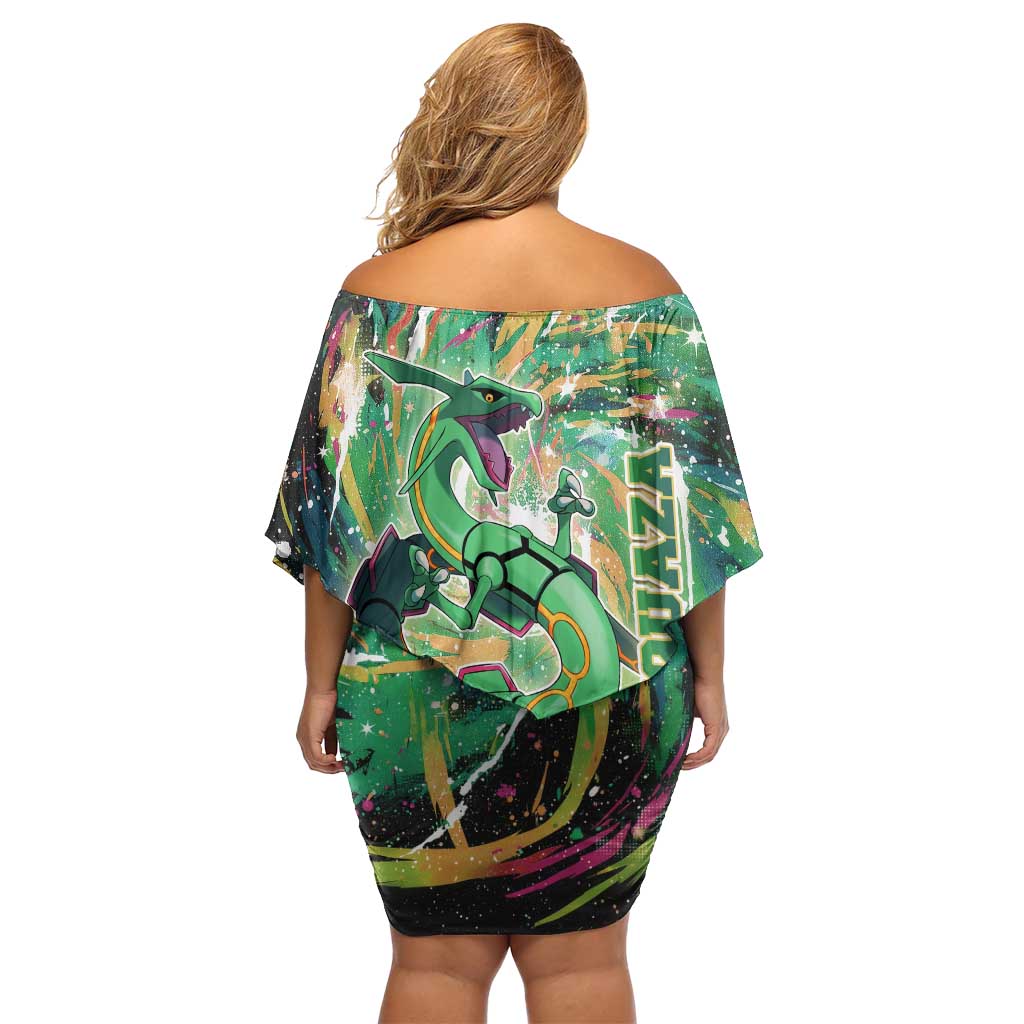 Rayquaza Poké Green Abstract Galaxy Design Family Matching Off Shoulder Short Dress and Hawaiian Shirt Dynamic Swirl Background