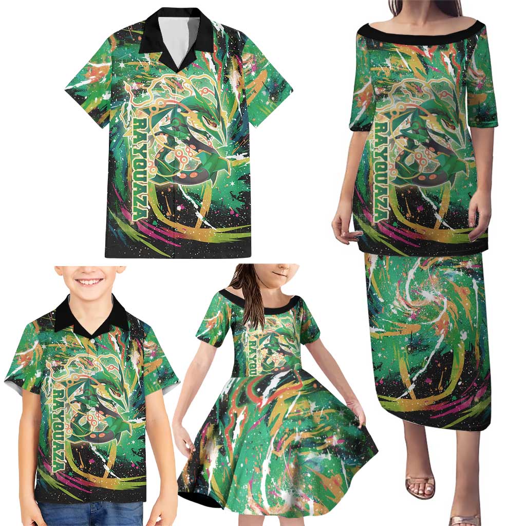 Rayquaza Poké Green Abstract Galaxy Design Family Matching Puletasi and Hawaiian Shirt Dynamic Swirl Background
