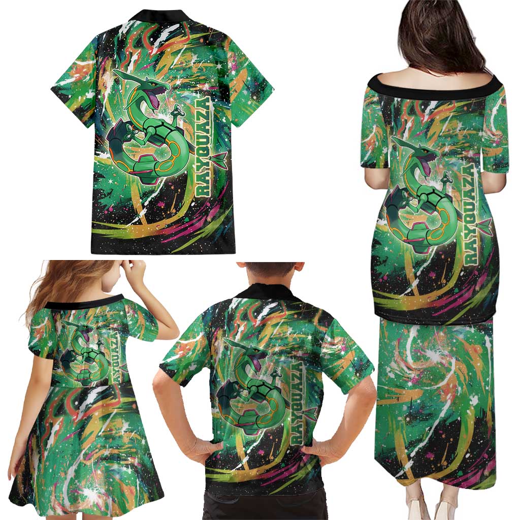 Rayquaza Poké Green Abstract Galaxy Design Family Matching Puletasi and Hawaiian Shirt Dynamic Swirl Background