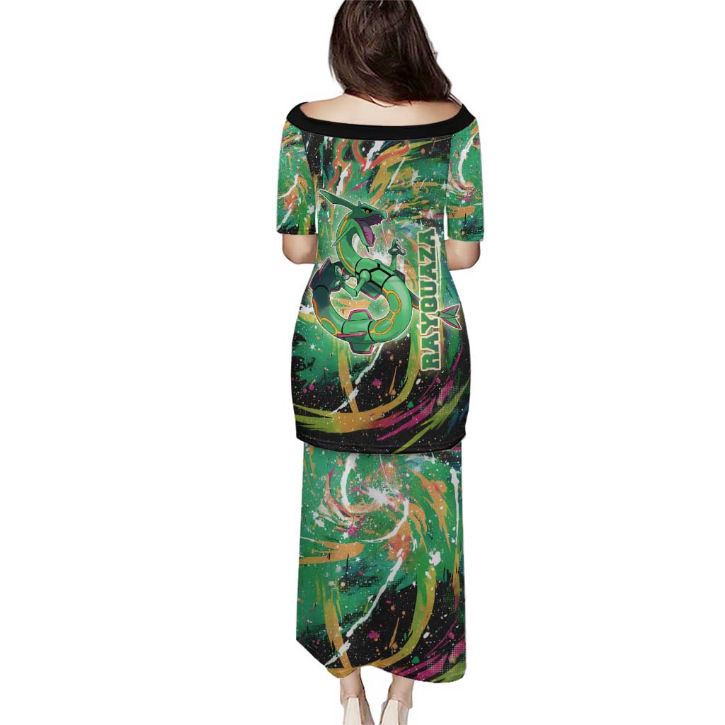 Rayquaza Poké Green Abstract Galaxy Design Family Matching Puletasi and Hawaiian Shirt Dynamic Swirl Background