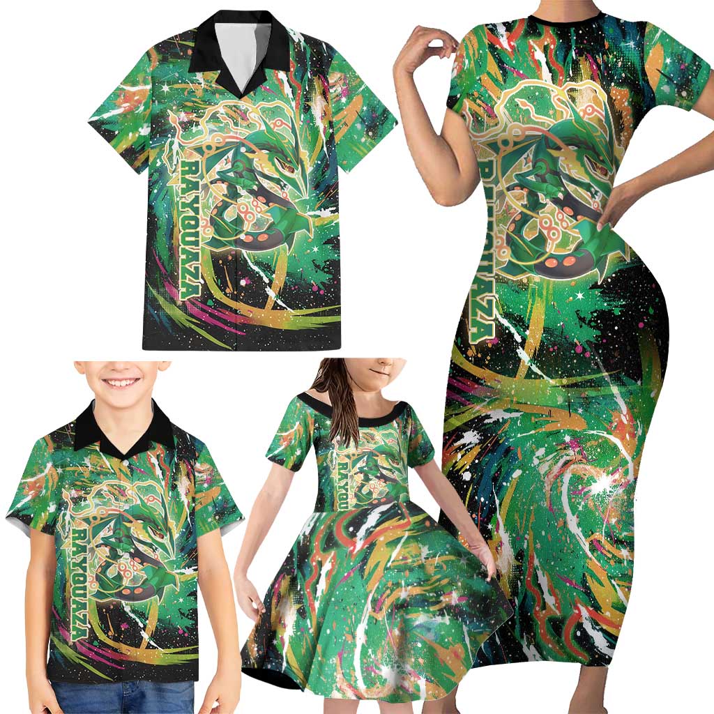 Rayquaza Poké Green Abstract Galaxy Design Family Matching Short Sleeve Bodycon Dress and Hawaiian Shirt Dynamic Swirl Background