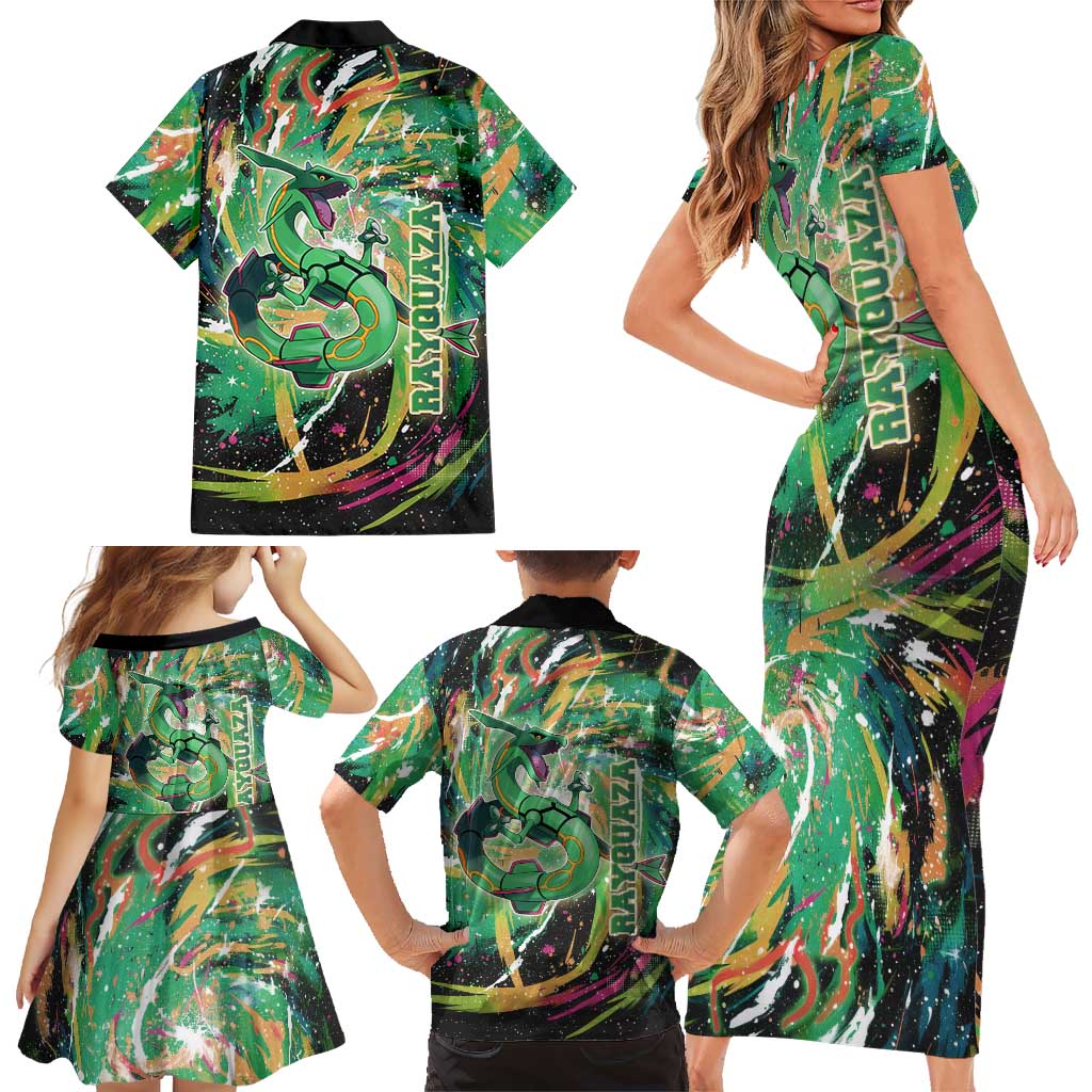 Rayquaza Poké Green Abstract Galaxy Design Family Matching Short Sleeve Bodycon Dress and Hawaiian Shirt Dynamic Swirl Background