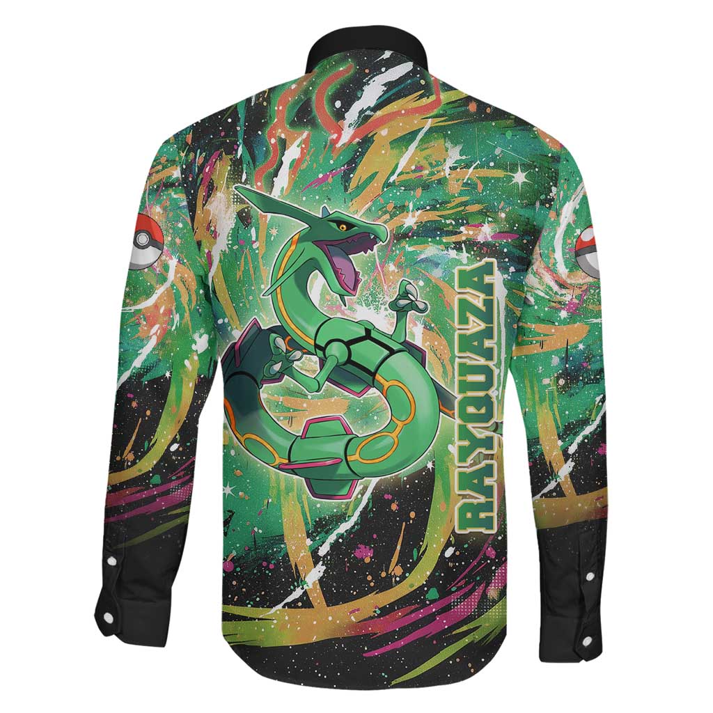 Rayquaza Poké Green Abstract Galaxy Design Family Matching Short Sleeve Bodycon Dress and Hawaiian Shirt Dynamic Swirl Background