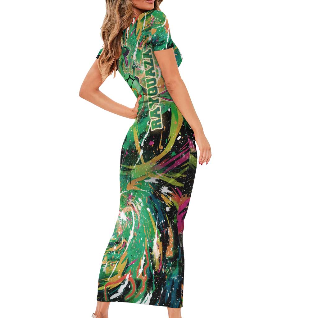 Rayquaza Poké Green Abstract Galaxy Design Family Matching Short Sleeve Bodycon Dress and Hawaiian Shirt Dynamic Swirl Background
