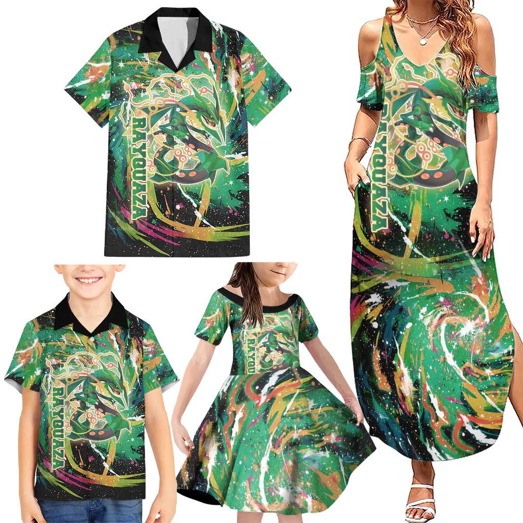 Rayquaza Poké Green Abstract Galaxy Design Family Matching Summer Maxi Dress and Hawaiian Shirt Dynamic Swirl Background