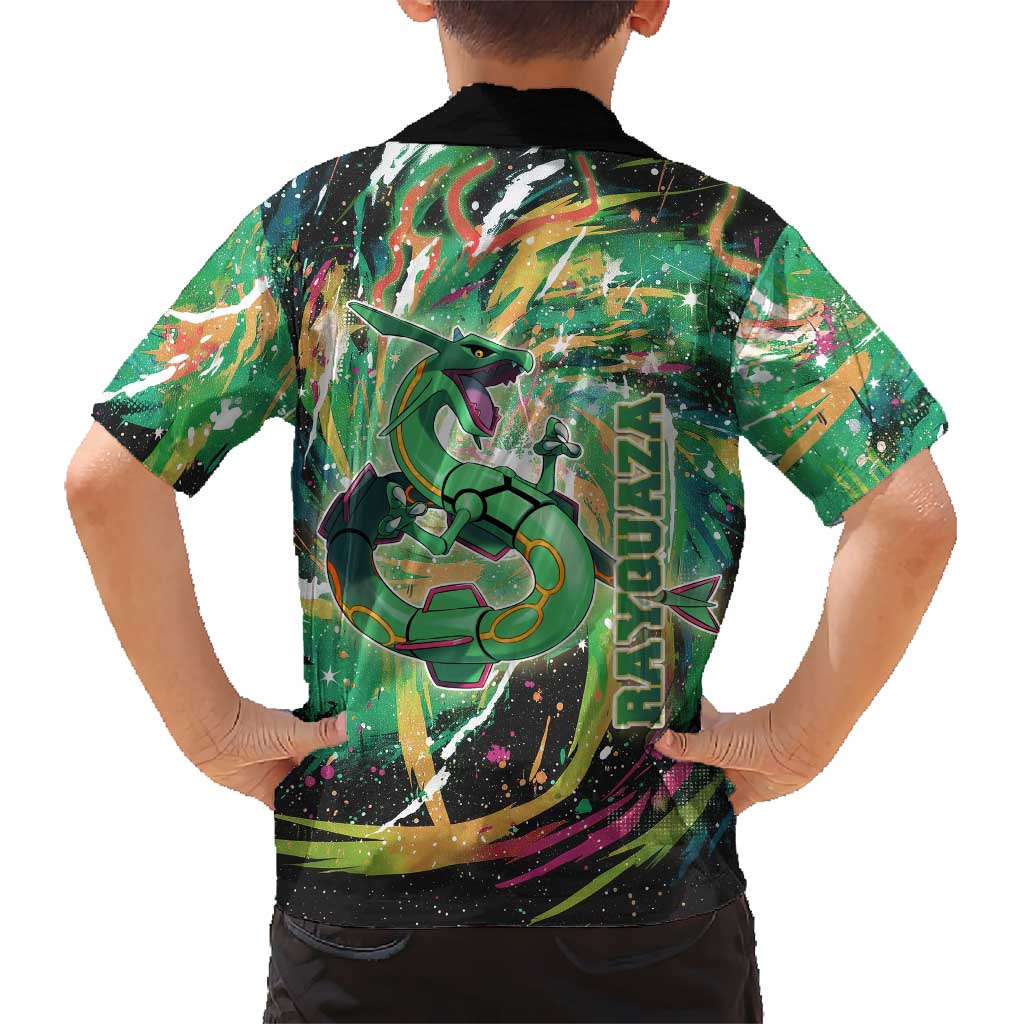 Rayquaza Poké Green Abstract Galaxy Design Family Matching Summer Maxi Dress and Hawaiian Shirt Dynamic Swirl Background