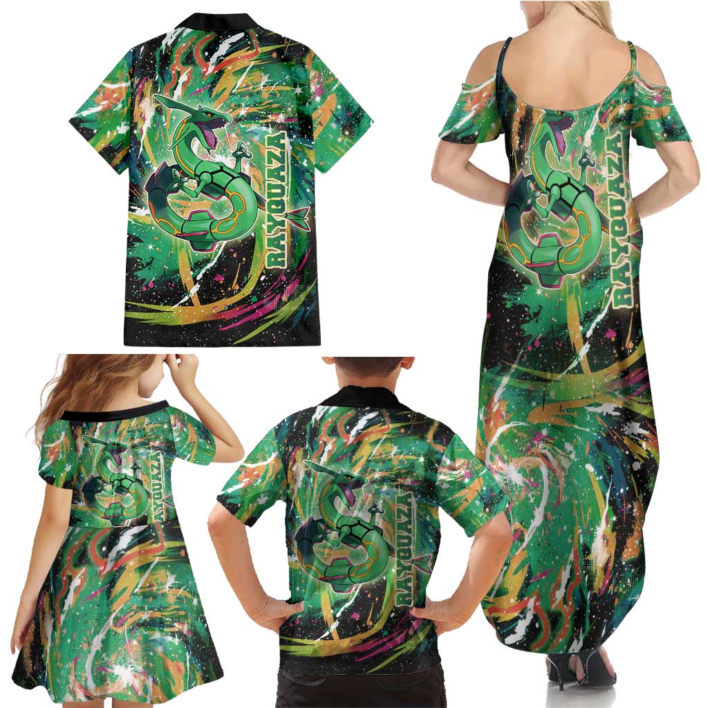 Rayquaza Poké Green Abstract Galaxy Design Family Matching Summer Maxi Dress and Hawaiian Shirt Dynamic Swirl Background