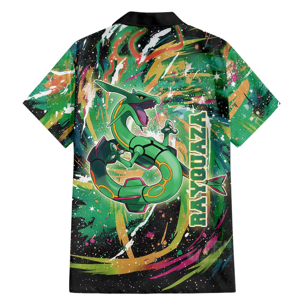 Rayquaza Poké Green Abstract Galaxy Design Family Matching Summer Maxi Dress and Hawaiian Shirt Dynamic Swirl Background