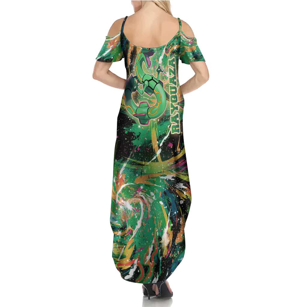 Rayquaza Poké Green Abstract Galaxy Design Family Matching Summer Maxi Dress and Hawaiian Shirt Dynamic Swirl Background
