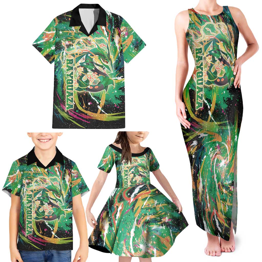 Rayquaza Poké Green Abstract Galaxy Design Family Matching Tank Maxi Dress and Hawaiian Shirt Dynamic Swirl Background