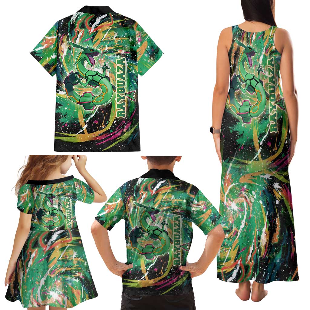 Rayquaza Poké Green Abstract Galaxy Design Family Matching Tank Maxi Dress and Hawaiian Shirt Dynamic Swirl Background
