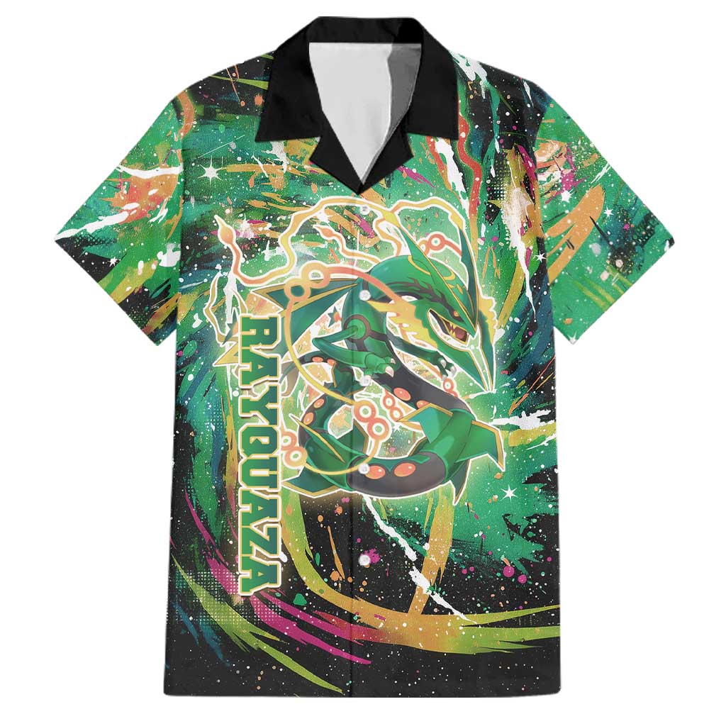 Rayquaza Poké Green Abstract Galaxy Design Family Matching Tank Maxi Dress and Hawaiian Shirt Dynamic Swirl Background