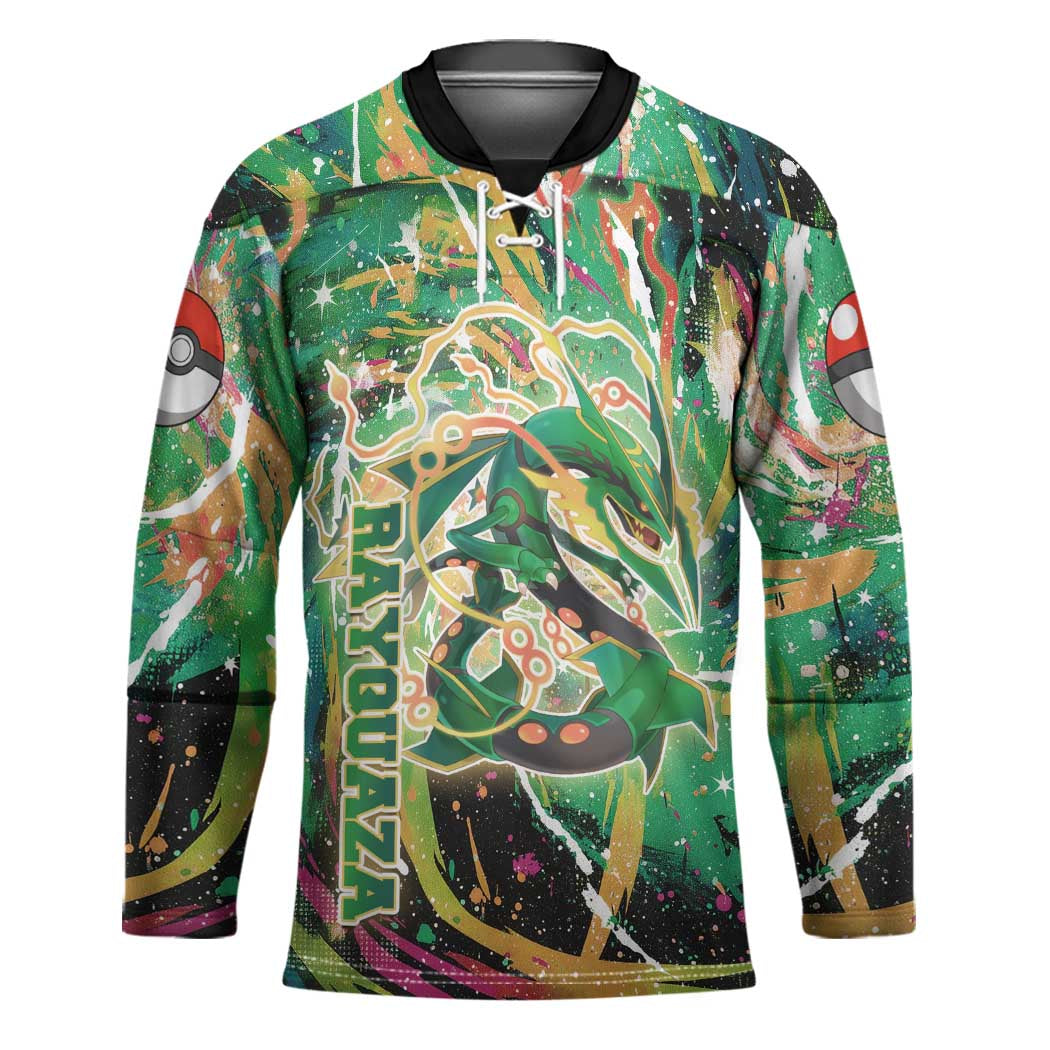 Rayquaza Poké Green Abstract Galaxy Design Hockey Jersey Dynamic Swirl Background - The Mazicc