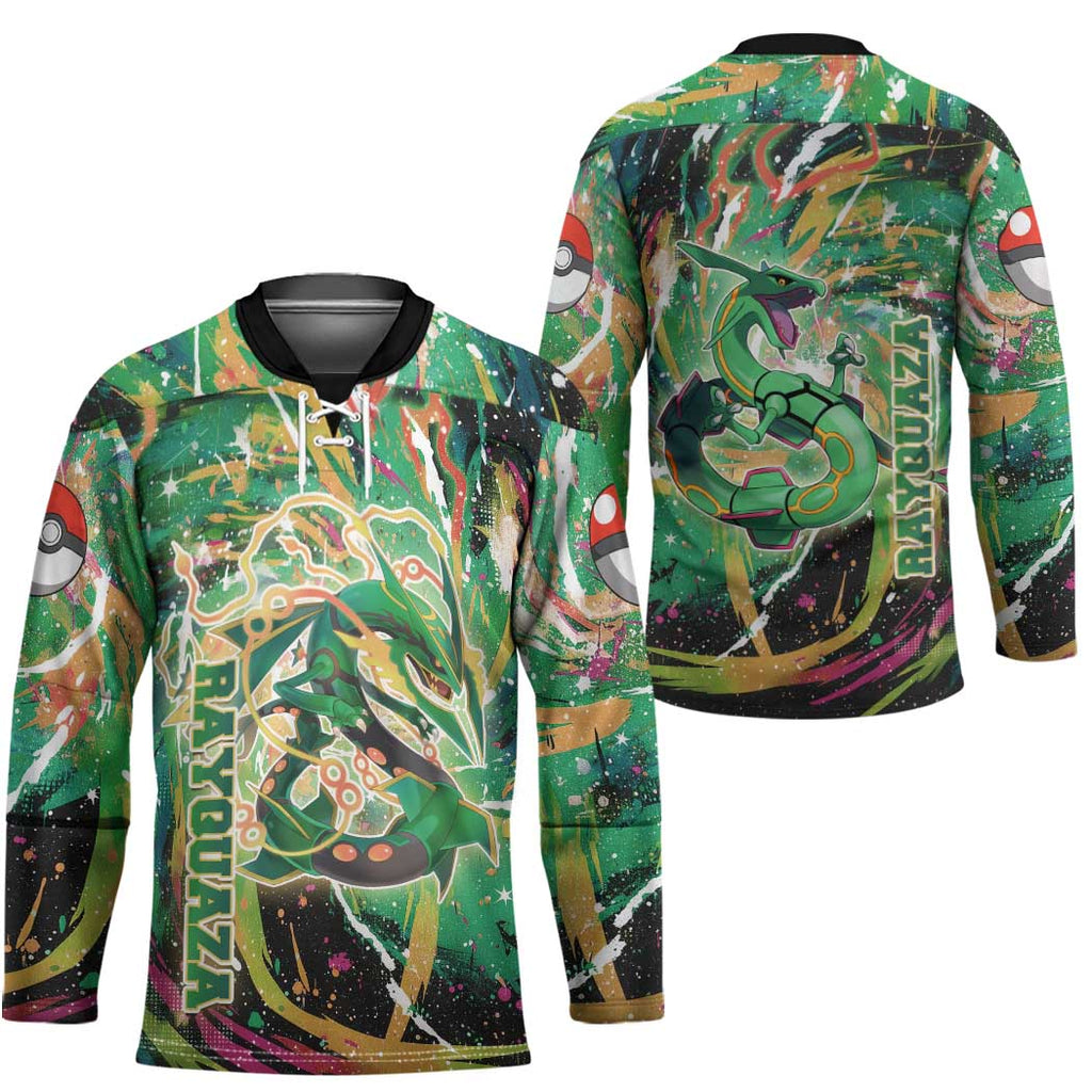 Rayquaza Poké Green Abstract Galaxy Design Hockey Jersey Dynamic Swirl Background - The Mazicc