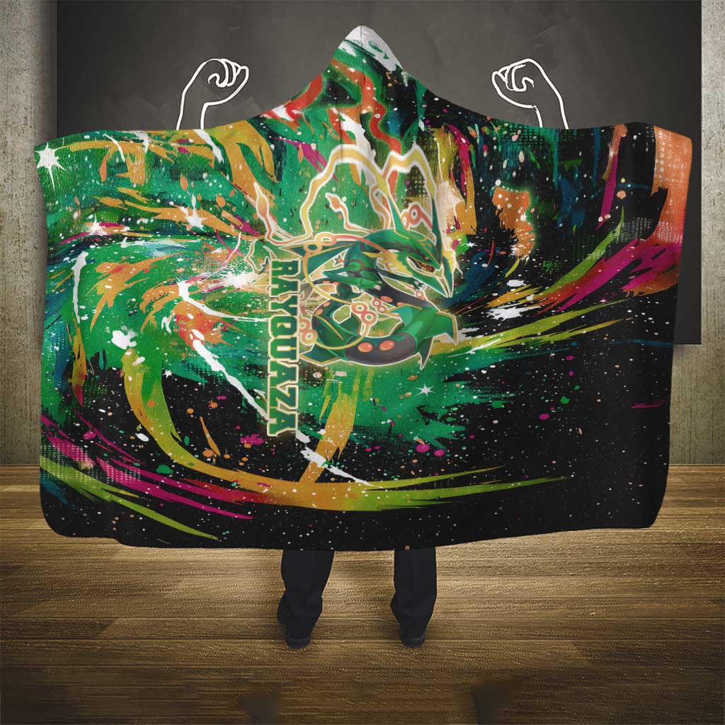 Rayquaza Poké Green Abstract Galaxy Design Hooded Blanket Dynamic Swirl Background - The Mazicc