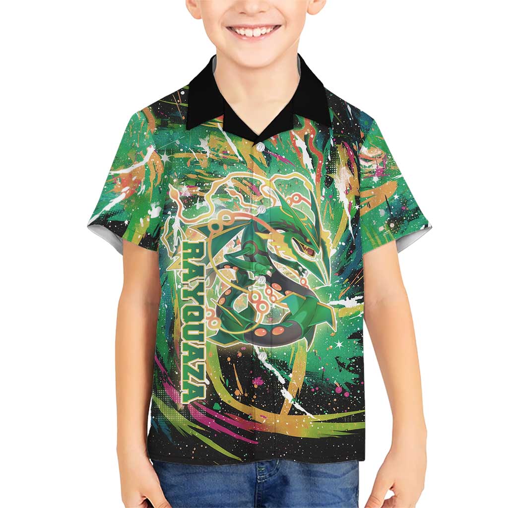 Rayquaza Poké Green Abstract Galaxy Design Kid Hawaiian Shirt Dynamic Swirl Background - The Mazicc