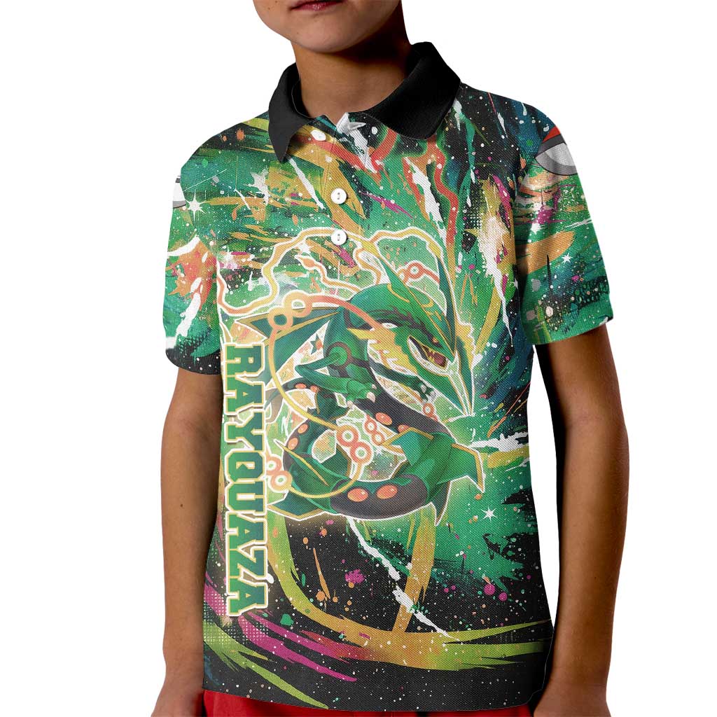 Rayquaza Poké Green Abstract Galaxy Design Kid Polo Shirt Dynamic Swirl Background - The Mazicc
