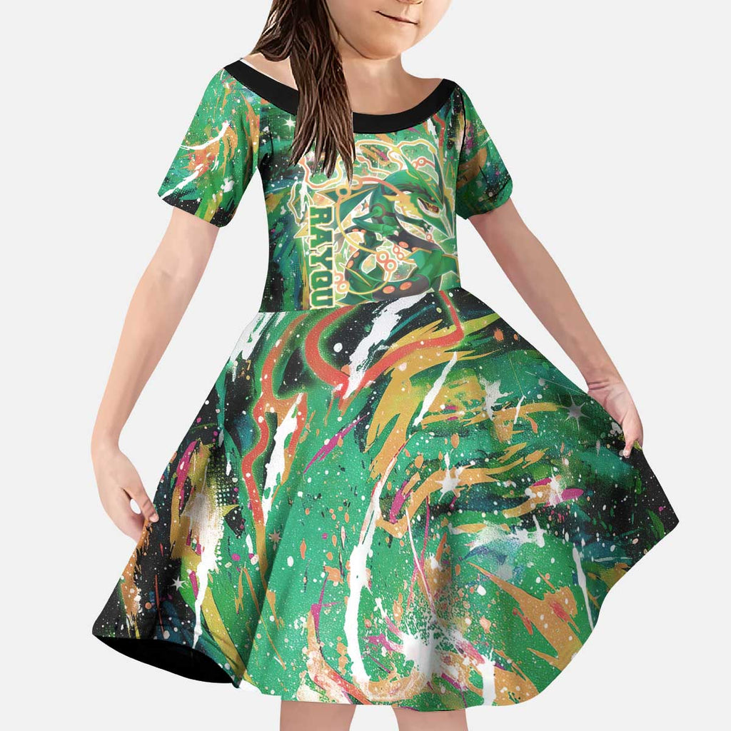 Rayquaza Poké Green Abstract Galaxy Design Kid Short Sleeve Dress Dynamic Swirl Background - The Mazicc