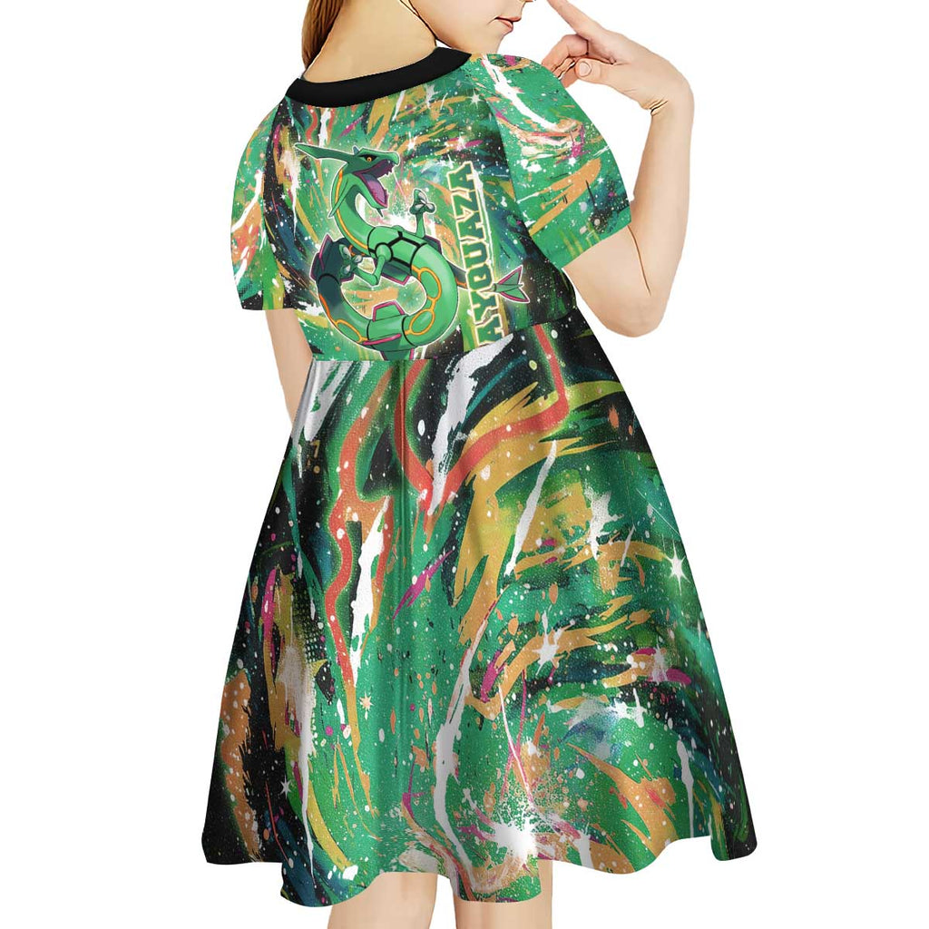 Rayquaza Poké Green Abstract Galaxy Design Kid Short Sleeve Dress Dynamic Swirl Background - The Mazicc