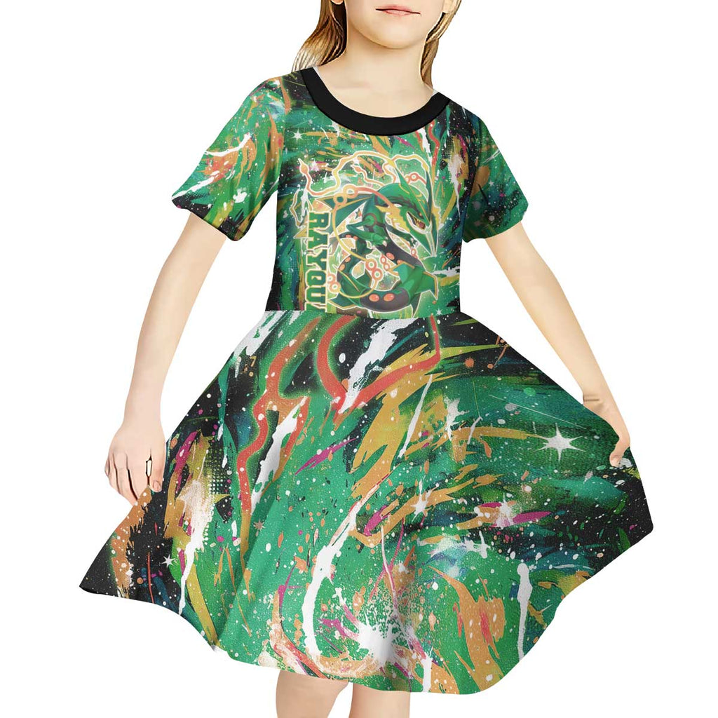 Rayquaza Poké Green Abstract Galaxy Design Kid Short Sleeve Dress Dynamic Swirl Background - The Mazicc