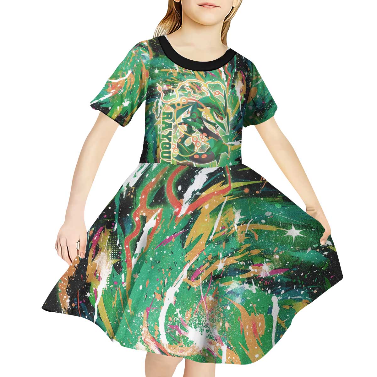 Rayquaza Poké Green Abstract Galaxy Design Kid Short Sleeve Dress Dynamic Swirl Background - The Mazicc