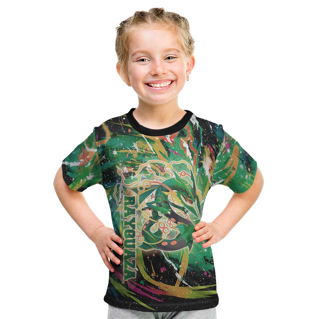 Rayquaza Poké Green Abstract Galaxy Design Kid T Shirt Dynamic Swirl Background - The Mazicc