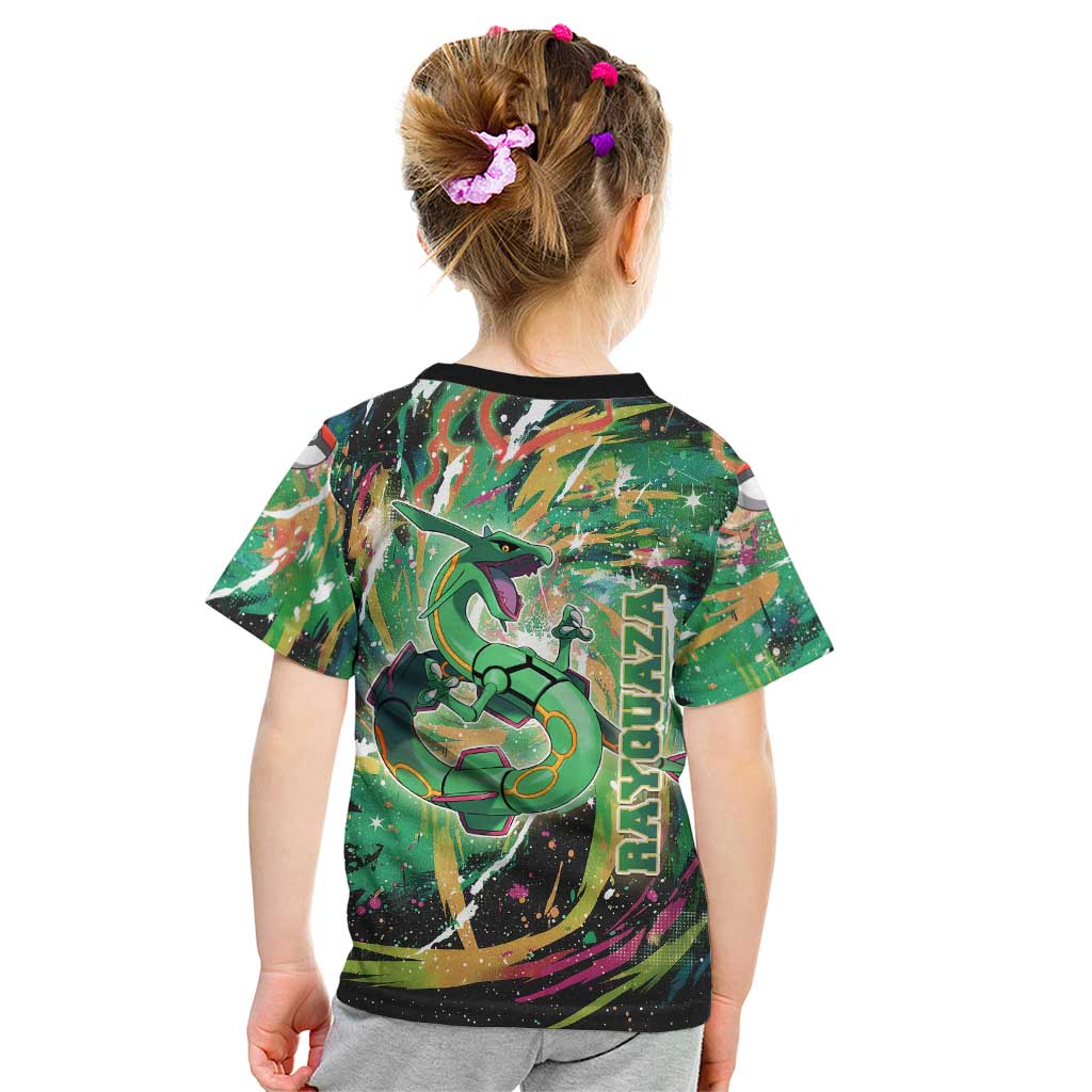 Rayquaza Poké Green Abstract Galaxy Design Kid T Shirt Dynamic Swirl Background - The Mazicc