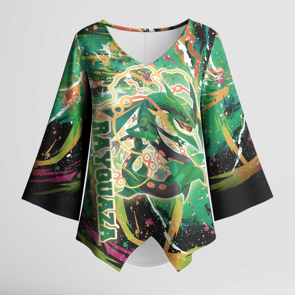 Rayquaza Poké Green Abstract Galaxy Design Kimono Sleeve Blouse Dynamic Swirl Background - The Mazicc